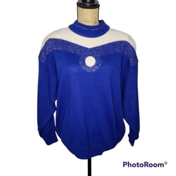 Vintage 80's Blue Silver Sparkles Geometric Wool Blend Cozy Sweater - Picture 1 of 11